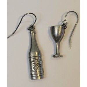 Vintage Jim Clift Pewter Wine Bottle Glass Goblet Charm Pierced Earrings Signed
